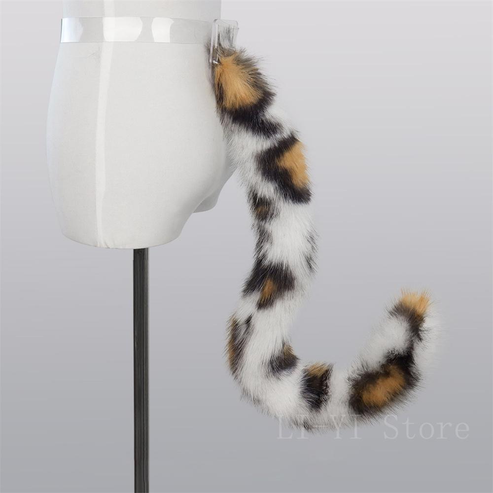 Yiran Sexy Lingerie Unisex Handmade Faux Fur Leopard Bobcat Tail With Adjustable Belt Fluffy Cosplay Props Halloween Costume Accessories Cute Animal Tail 80Cm