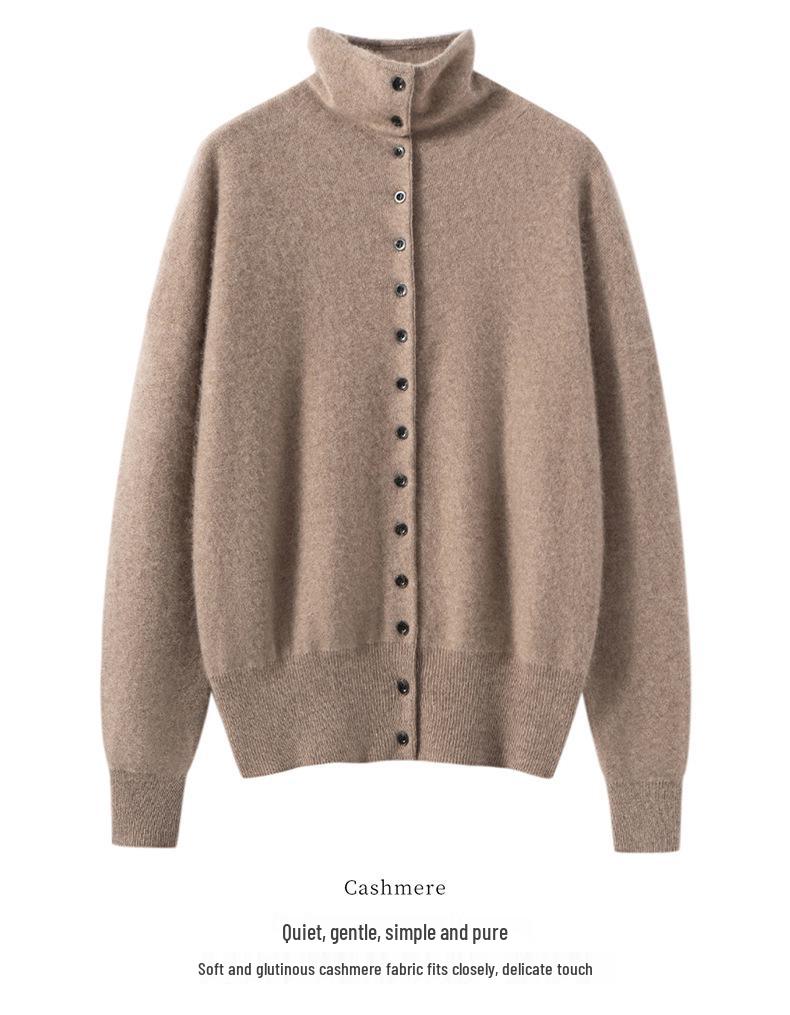 Women's High Neck Cashmere Cardigan - Autumn/Winter 2025 Gentle Style, Slimming, Short, Multi-Button Design
