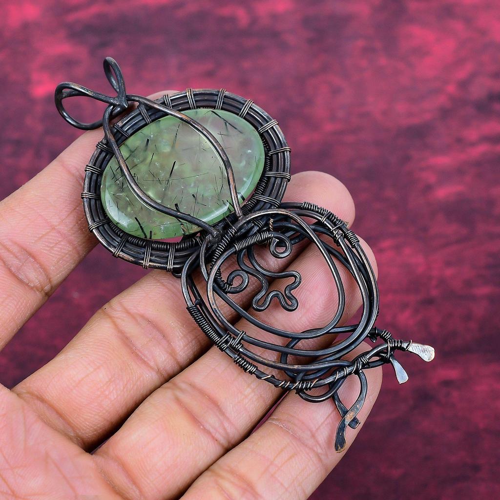 Moss Prehnite Pendant Copper Wire Wrapped Handmade Jewelry Real Gemstone Pendant