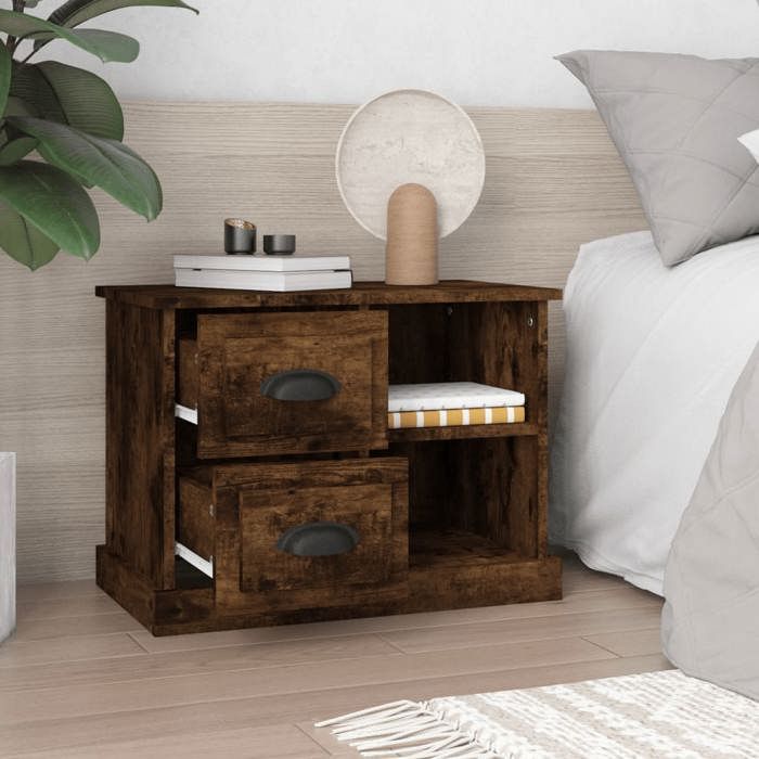 Bedside Table - Maison Exclusive - Smoked Oak - 2 Drawers & 2 Compartments - 60x35.5x45 Cm