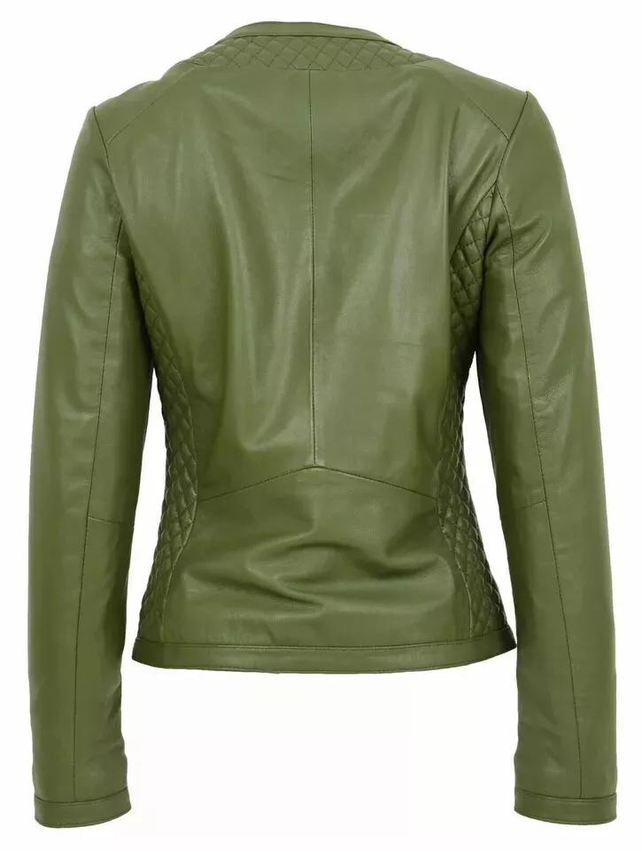 Stylish Biker Motorcycle Women's Jacket Green Genuine Lambskin Leather Handmade
