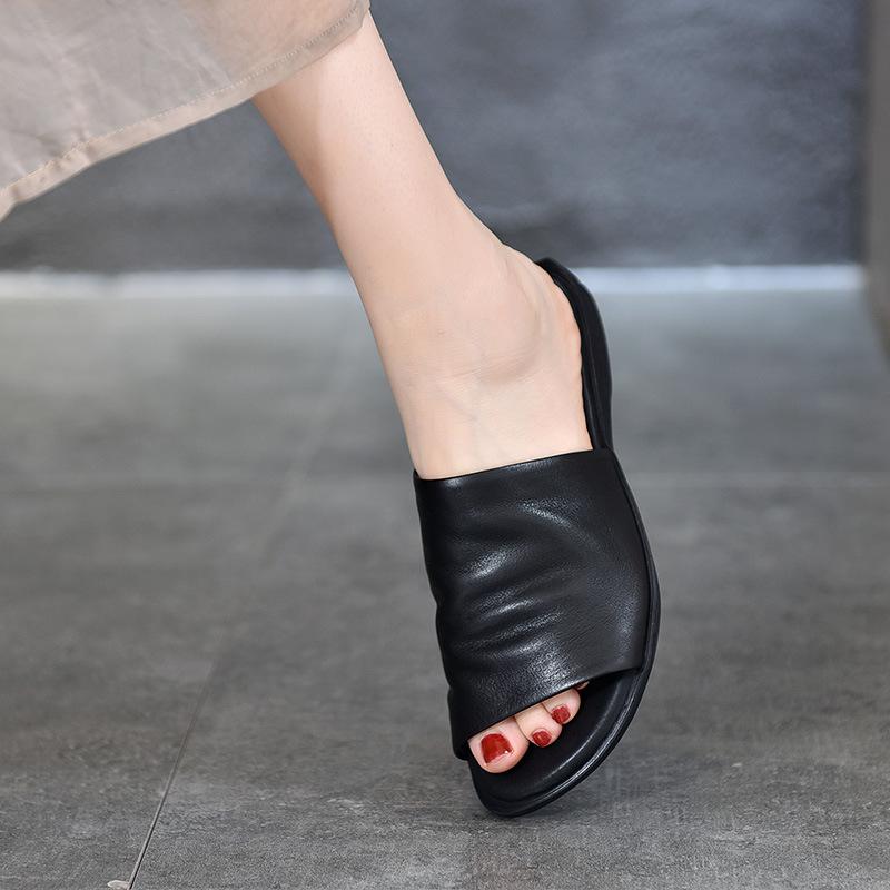 Fashion GKTINOO 2025 Summer New Genuine Leather Soft Sole Flat Slippers Handmade Retro Women's Shoes Outside Slides