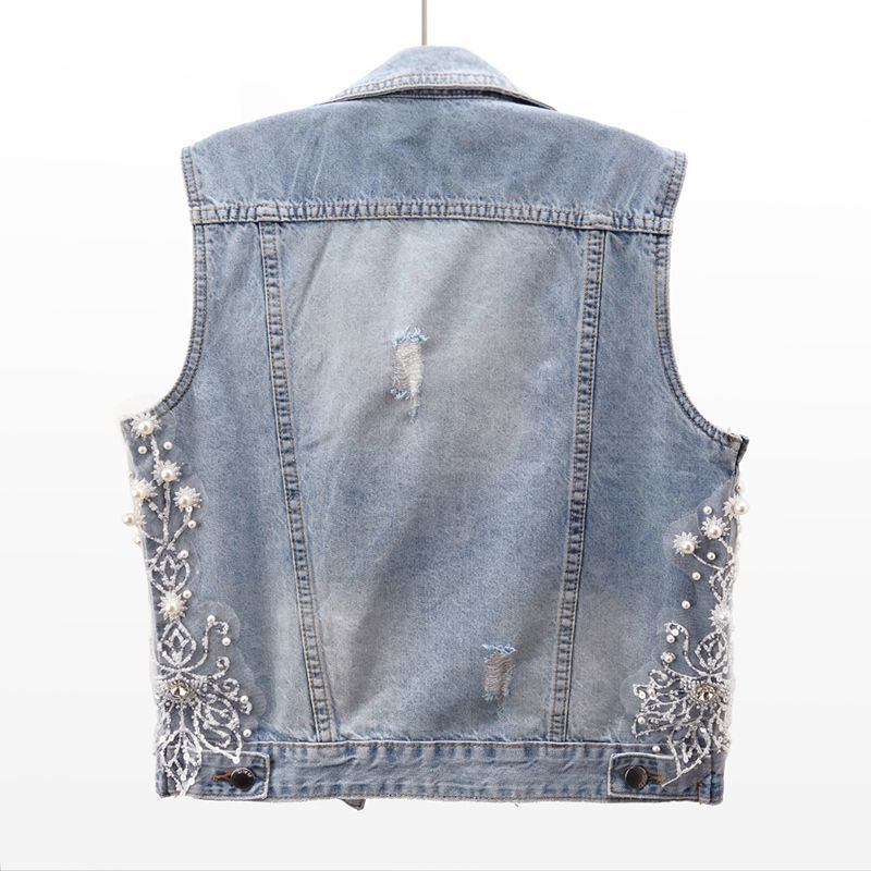 Frühling und Sommer Schwerlast Blumen Denim Weste Damen Kurz Zerrissene Weste Weste Weste Top