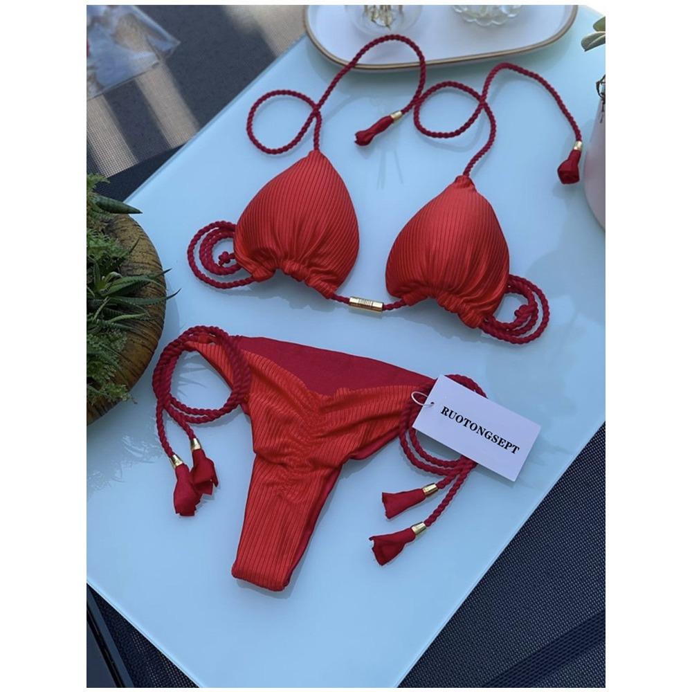 Costum de baie european și american geantă triunghiulară sexy pentru femeie Split Culoare uni Bikini sexy cu frânghie împletită multicoloră