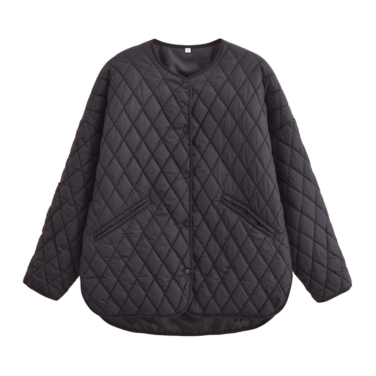 

French Niche Design Diamond Quilted Cotton Jacket: Short Front, Long Back, Loose Casual Outwear, Women’s Versatile Cotton-Padded Jacket. Small