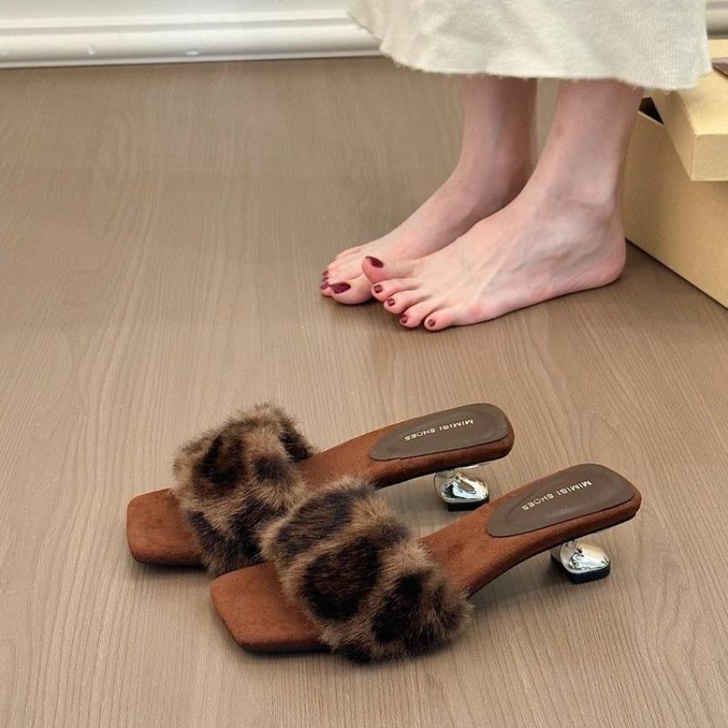 Fashion 2025 French Fur One Strap Block Heel Half Slippers Women's Autumn New Sexy Style High Heel Outside Wear Slippers