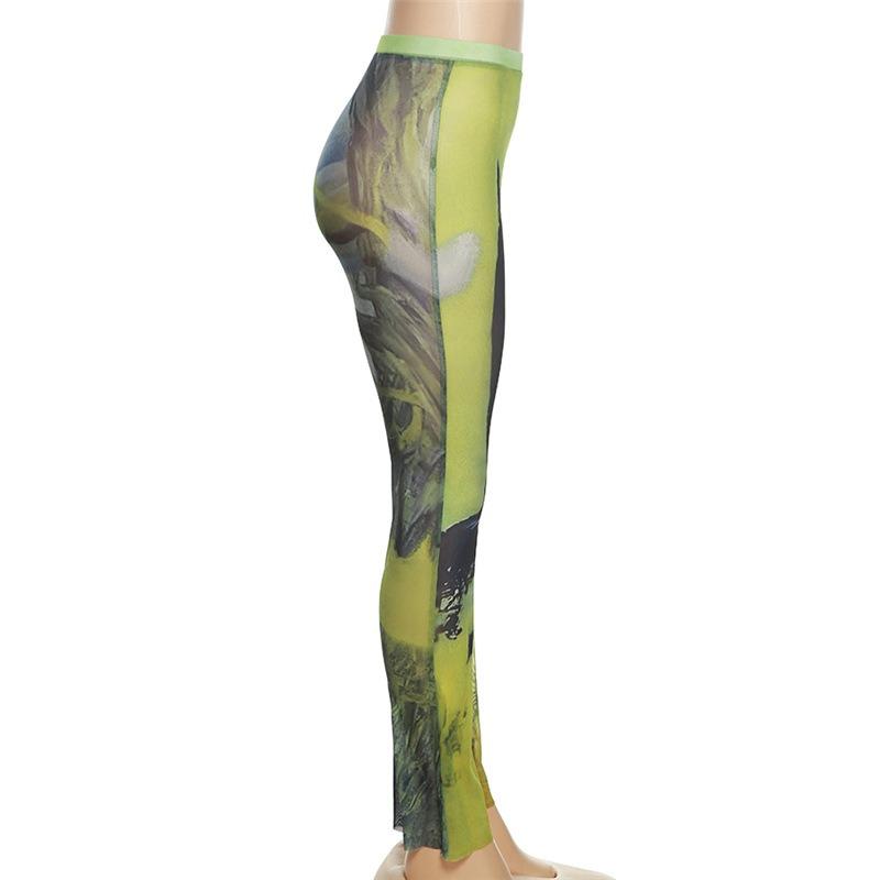 Letní dámské sexy průsvitné síťované potisky prodyšné bokovky úzké ležérní kalhoty s vysokým pasem