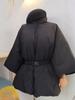 Winter new French retro stand-up neck lantern sleeve waist medium and long thermal down jacket with belt