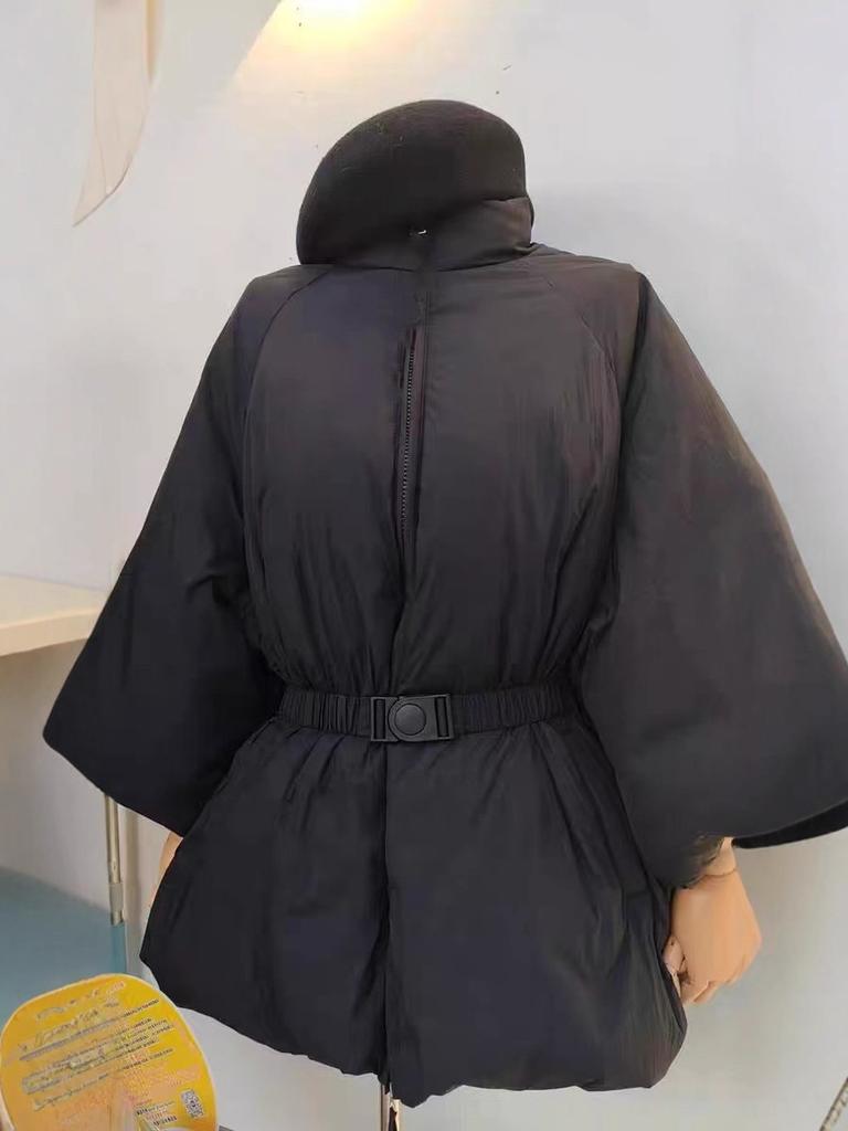 Winter new French retro stand-up neck lantern sleeve waist medium and long thermal down jacket with belt