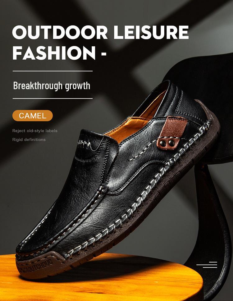 Men's Hand-Stitched Leather Slip-On Loafers - Casual Outdoor Low-Top Flats, Large Size, Spring Collection.