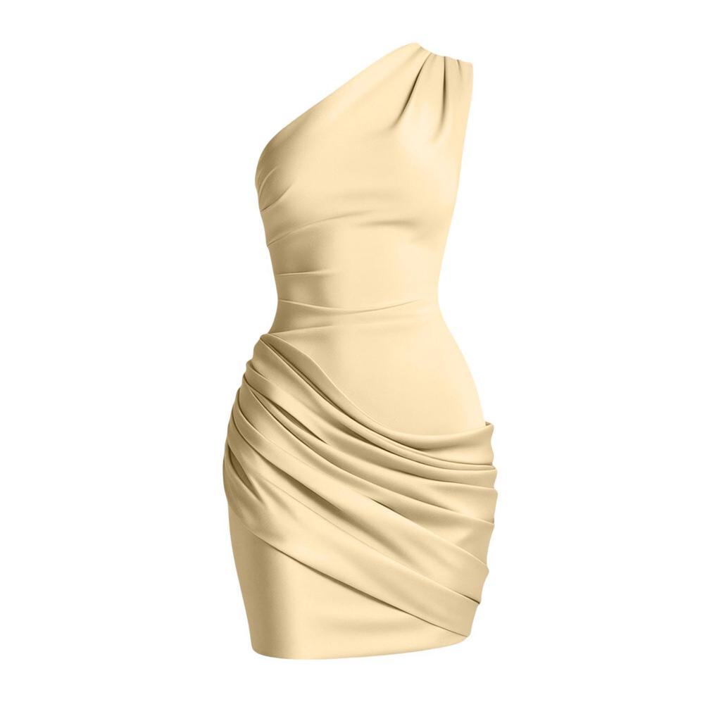 European and American satin single shoulder hip skirt women's slanted shoulder pleated sexy slim nightclub party dress dress
