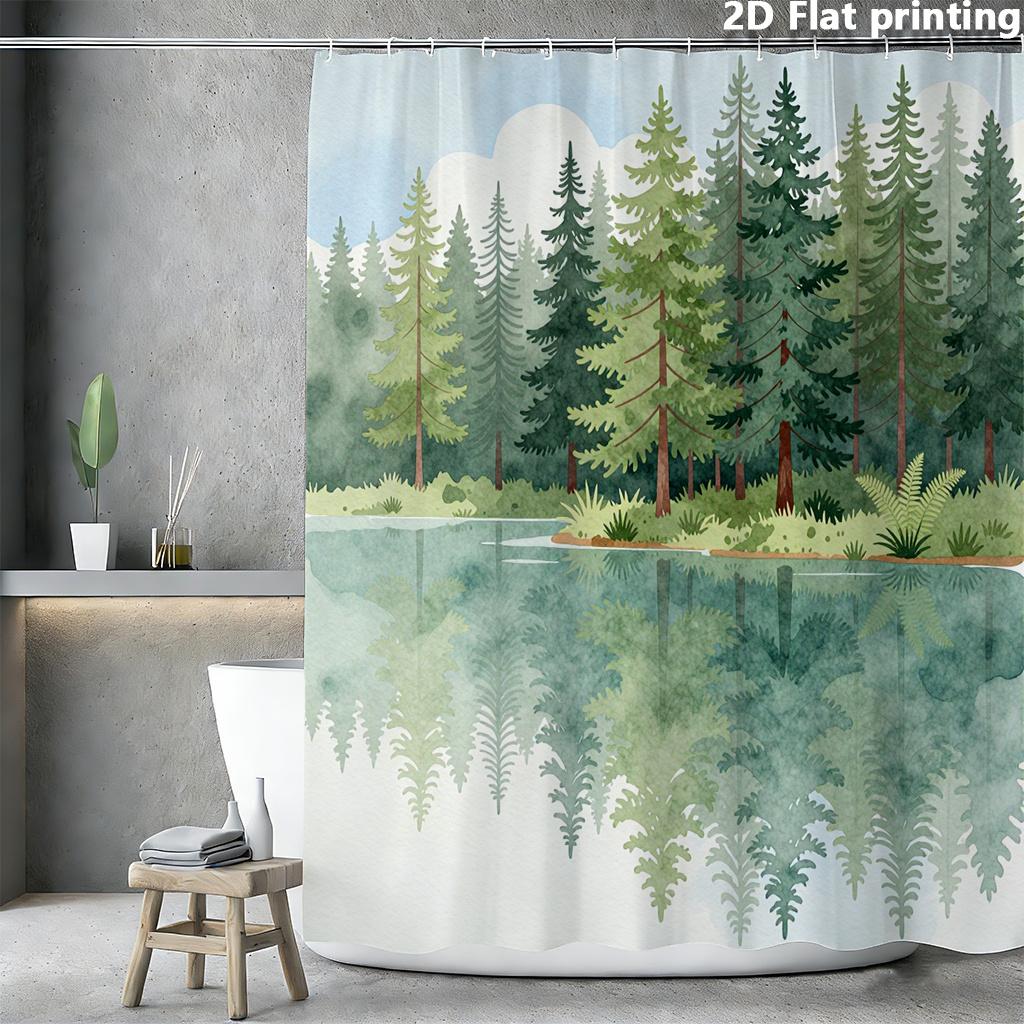 

Watercolor Forest Lake Shower Curtain 1Pc Polyester 2D Flat Print 70.8X70.8 Pine Trees & Reflections On Misty Green Background W60H190(CM)-1 Pcs