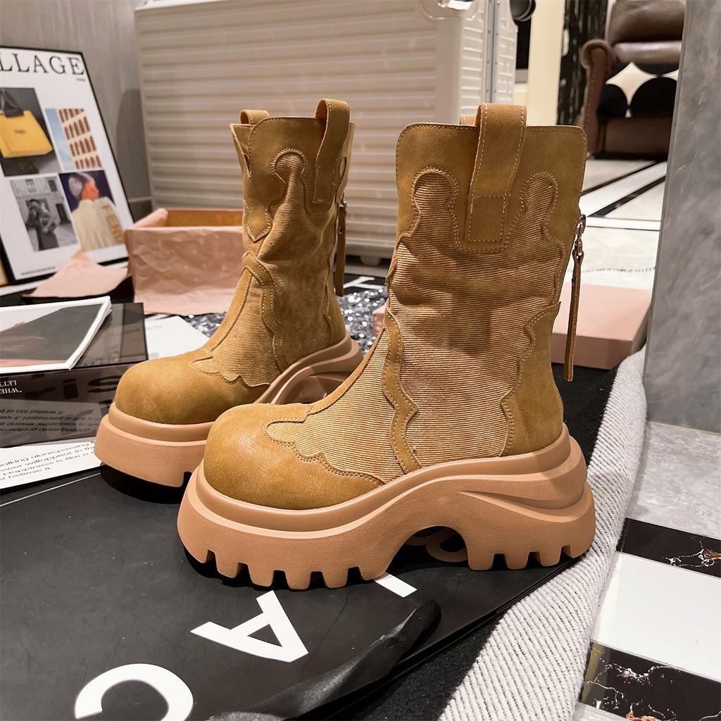 Niche Round-headed Short Boots for Women's 2025 Autumn New Ethnic Style Big-headed Thick-soled Denim Fashion Popular Martin Boots