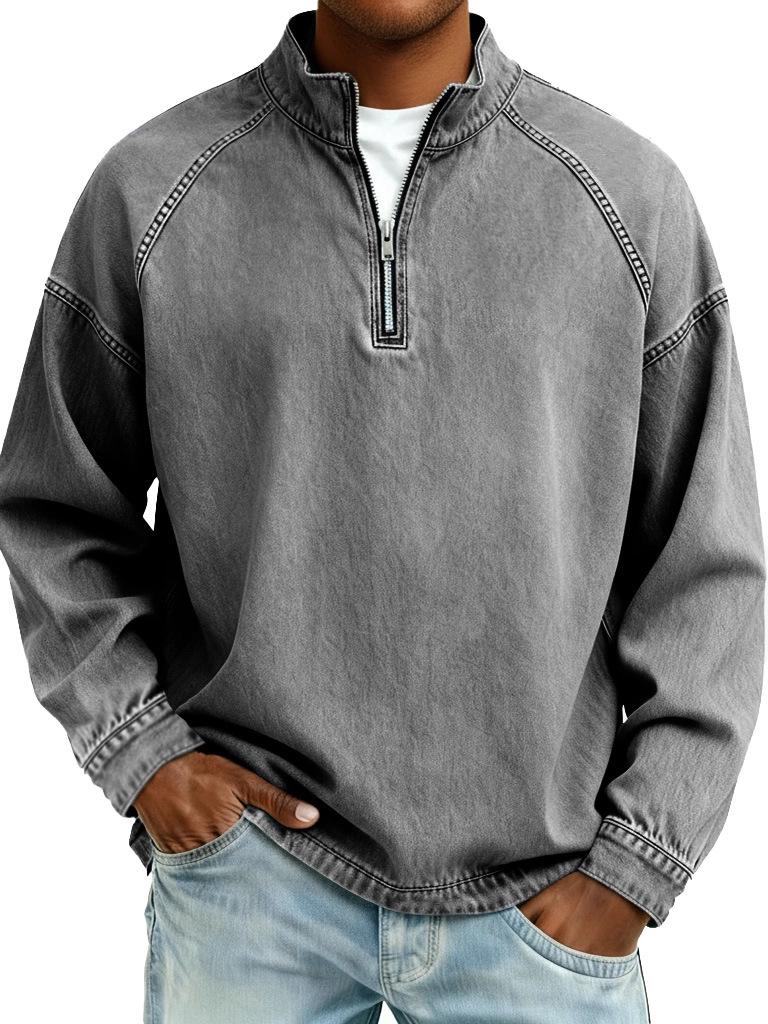 Men's Washed Solid Color Pure Cotton Hoodie with Stand-Up Collar and Half-Zip Closure for Autumn/Winter