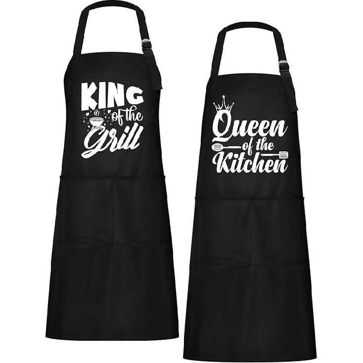 Chuarry 2 Pcs Wedding Anniversary Gifts Matching Couples His and Her Kitchen Apron with Adjustable Neck Strap(Meat and Buns) Queen and King