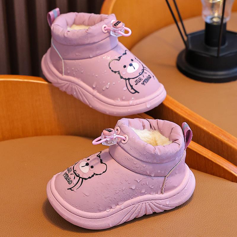 Niedliche Baumwoll-Schneestiefel mit Bärenaufdruck für Babyjungen und -mädchen - Winter-Slipper zum Hineinschlüpfen mit verdicktem Futter