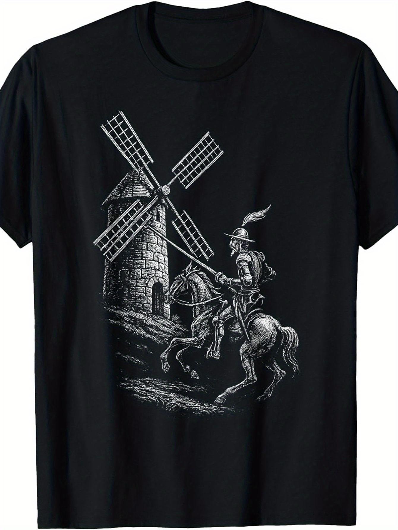 

2026 Chinese New Year European and American Style Don Quixote Raspot Cervantes Windmill Pattern Tshirt Mens Short Sleeved 4XL