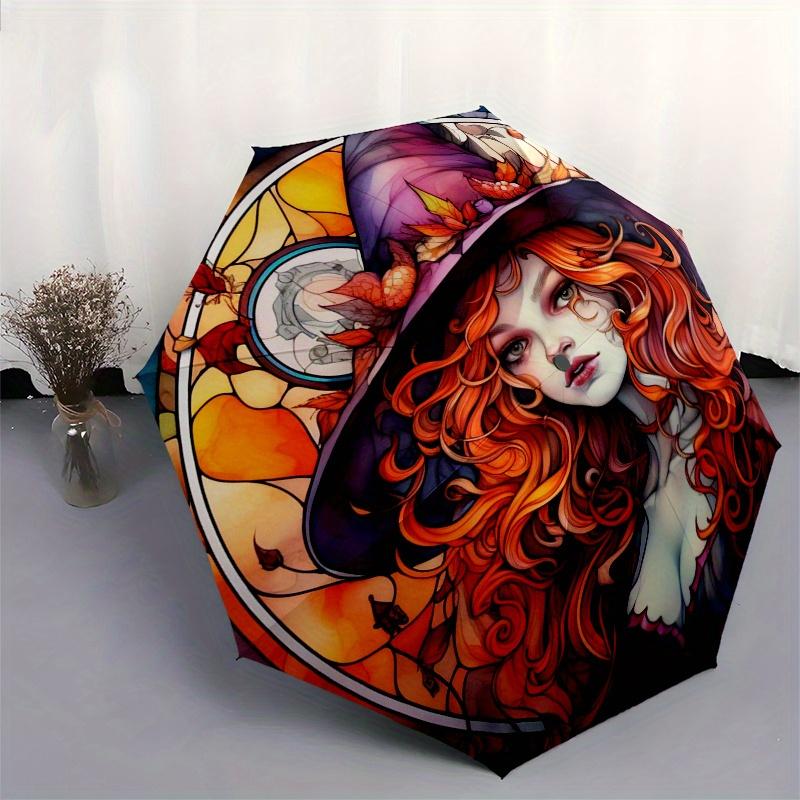 Stained Witch Wall Art: Magical Autumn DecorUmbrella, Portable 3-Fold Compact Umbrella,Christmas Gift ES454