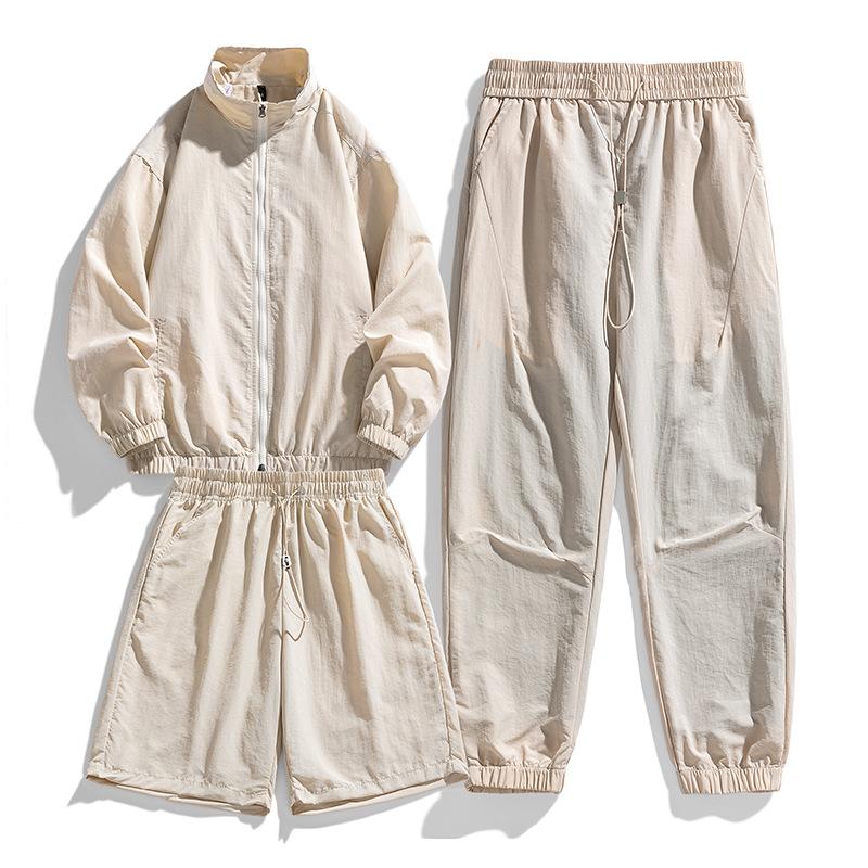 Men's Casual Ice Silk Tracksuit Jacket Shorts And Trousers 3pcs Suit Running Fitness Jacket Suit Male Sportswear Set