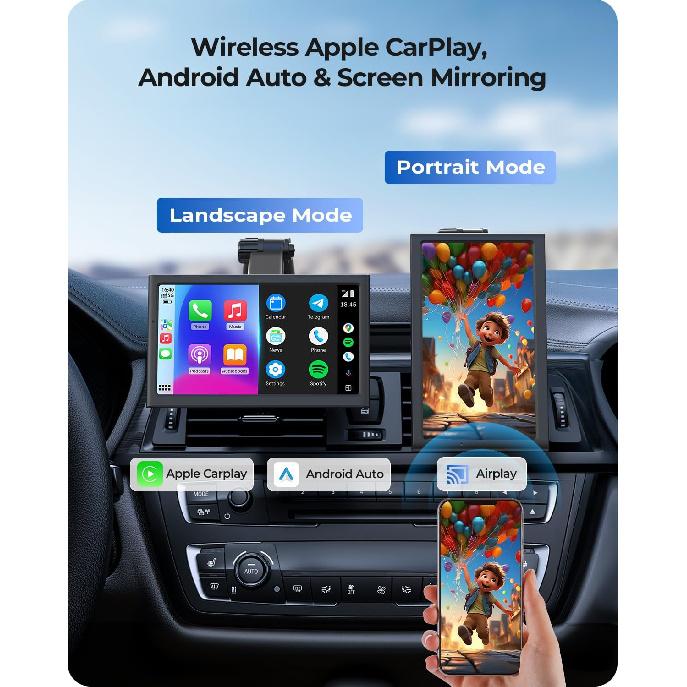 7  Wireless Portable 60FPS Car Play Screen for Apple CarPlay & Android Auto, Portrait and Landscape Modes, Mirror Link, Bluetooth, Voice Control, GPS