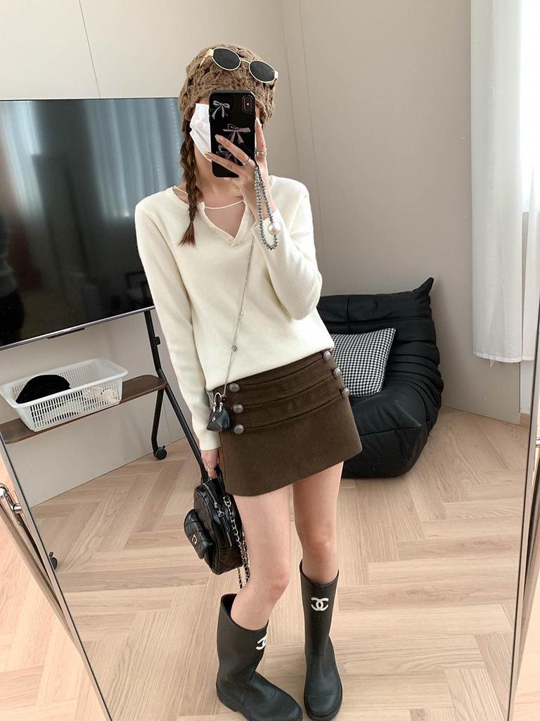 Moqie Stylish Retro Double-Breasted High-Waist Slim A-line Wool Skirt MQ1075