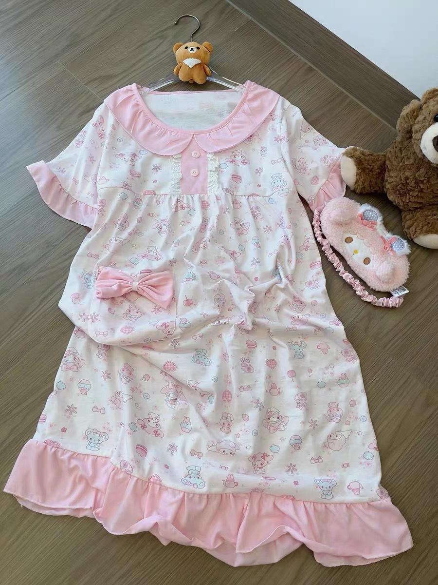 Japanese full-print Melody pajamas women s summer lace short-sleeved dress girls casual outerwear loungewear nightgown S