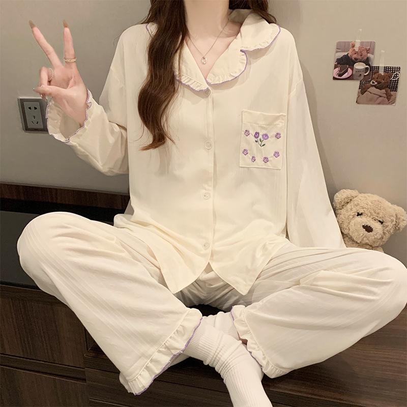 Spring and Fall Ladies Little Flower Premium Pajama Home Dress Set Girl Sweet Lace Long Sleeve Home Dress