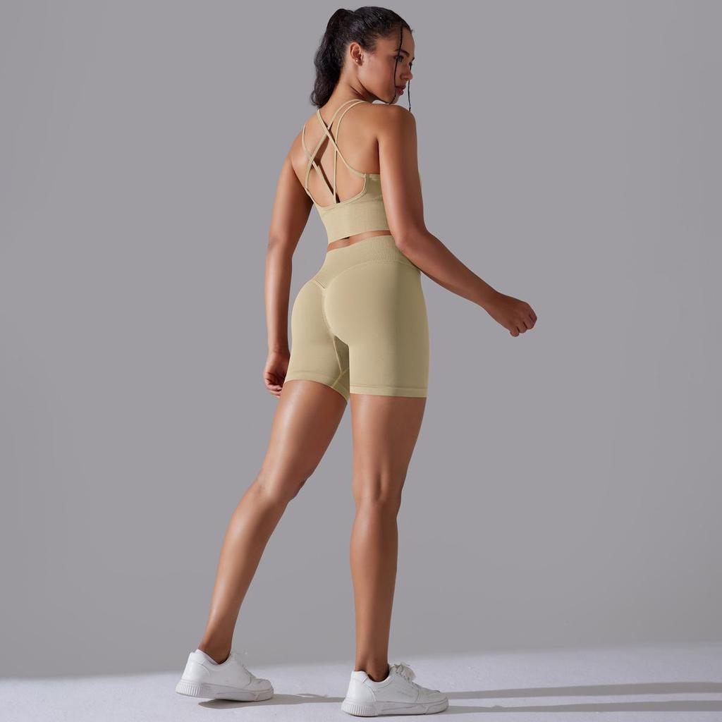 Seamless Knitted Solid Color Back High Elasticity Sports Tight Yoga Suit Set Running Fitness Two Piece Set