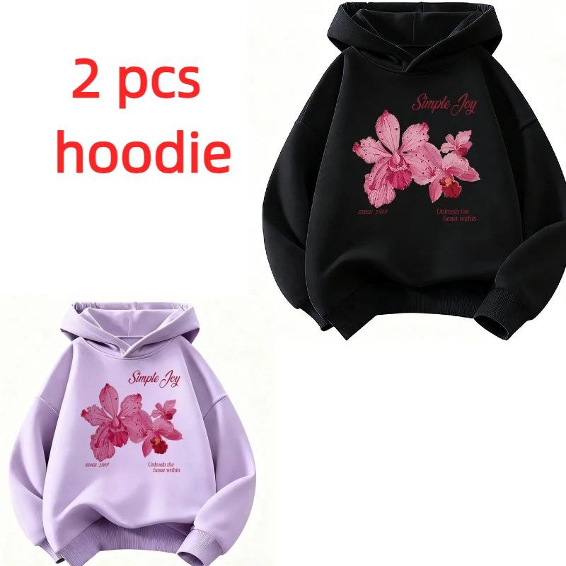 Felpa con Cappuccio Rosa Orchidea alla Moda per Bambini Felpa con Grafica Floreale con Slogan “Simple Joy” per Bambini e Bambine