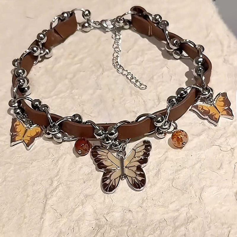 Vintage Brown Maillard Heavy Industries Butterfly Collar Female Niche Design High Sense Choker Personality Leather Necklace