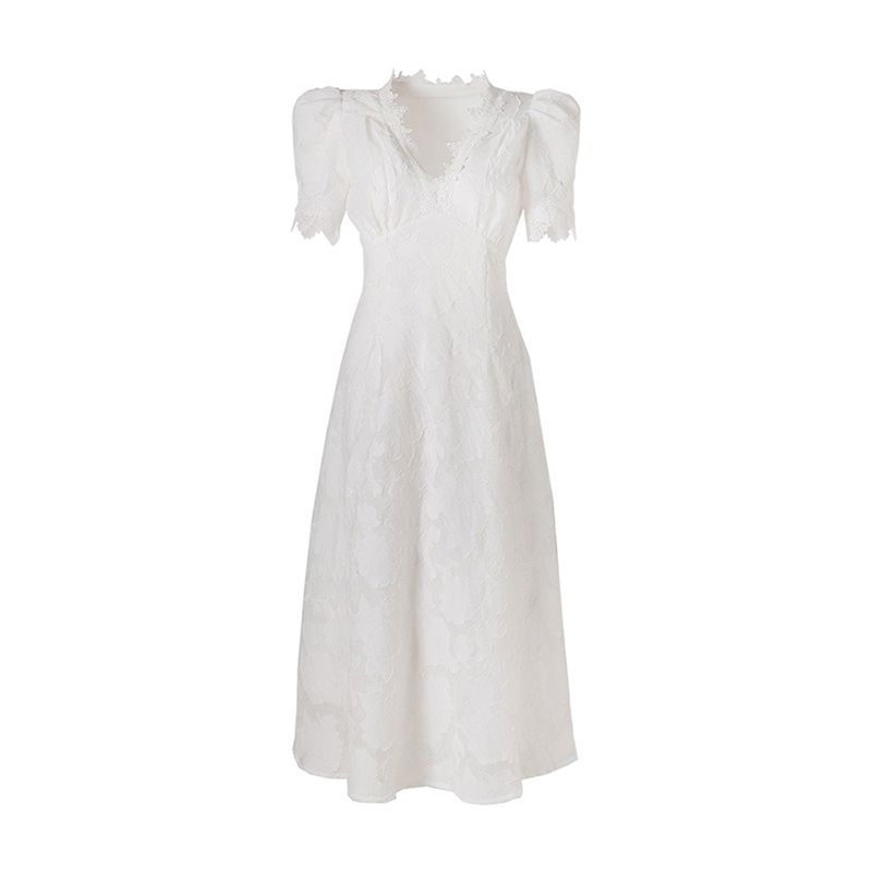 

French White Lace Dress Summer Puff Sleeves Fancy Tight Waist A- line Long Skirt Small Slim Looking White S