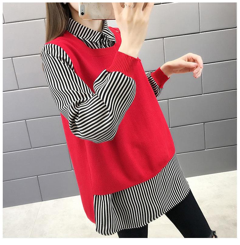 Sweater Women Autumn New Outer Wear Loose Shirt Collar Fake Two Piece Knit Sweater
