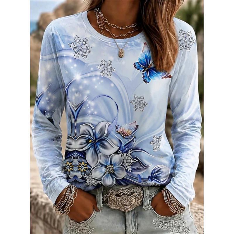 2026 Herbst Neues Damen Langarm Rundhals Lässiges T-Shirt mit Buntem Blumendruck Pflanzenelementen Outdoor Chic Top