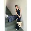 1116 Spring Korean Commuter Tencel Denim Bow Neck Halter Top Loose Wide Leg Pants Set