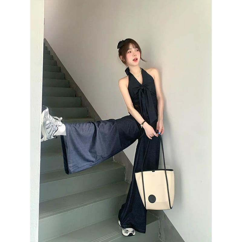 1116 Spring Korean Commuter Tencel Denim Bow Neck Halter Top Loose Wide Leg Pants Set