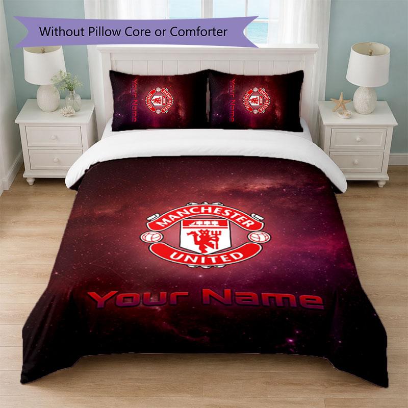 Juego de Ropa de Cama Personalizado Manchester United con Nombre y Texto 1 Funda Nórdica + 2 Fundas de Almohada Logo de Fútbol Regalo Personalizado para Ocasión Especial Decoración de Dormitorio