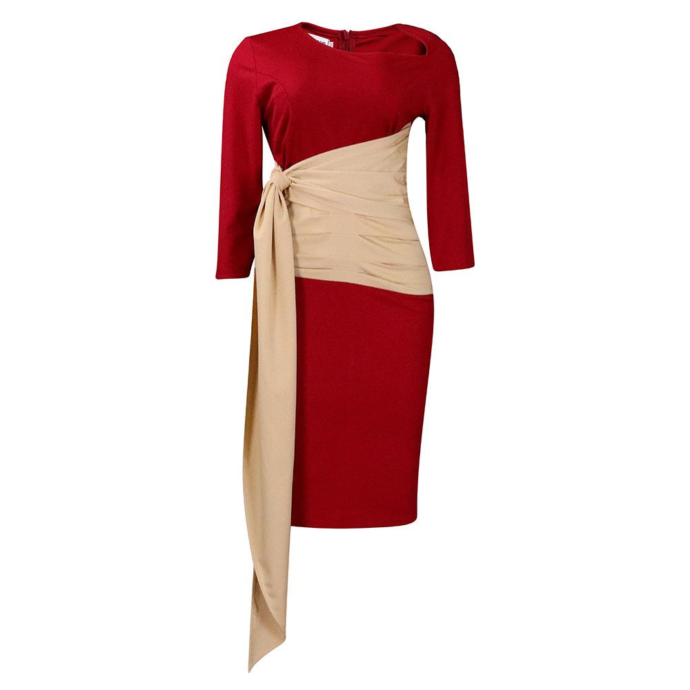 Large Size Women Fashion Patchwork Mid Sleeves Business Dress Ladies Elegant One Piece Skew Collar Sheath Dress