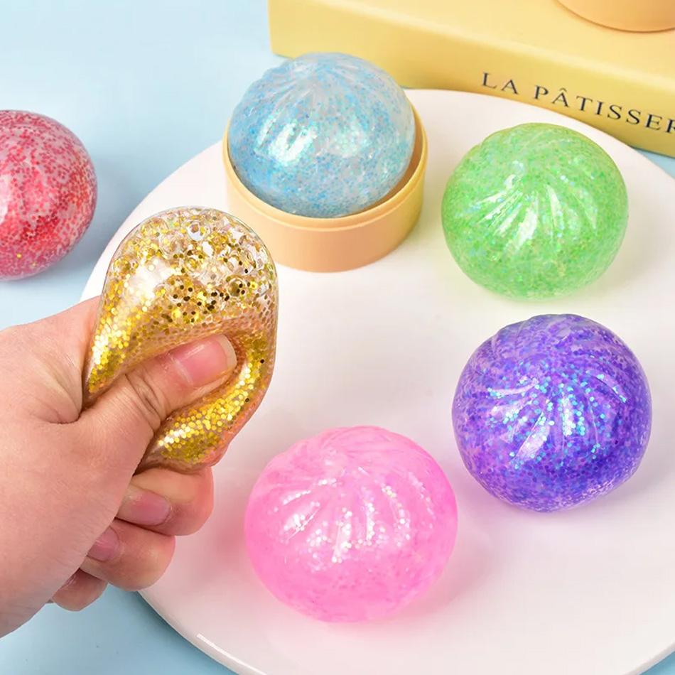 Kawaii Glitter Squeeze dumpling squishies Toy Steamed Bun Stress Relief Soft TPR Squishy with Steamer Box for Kids And Adults