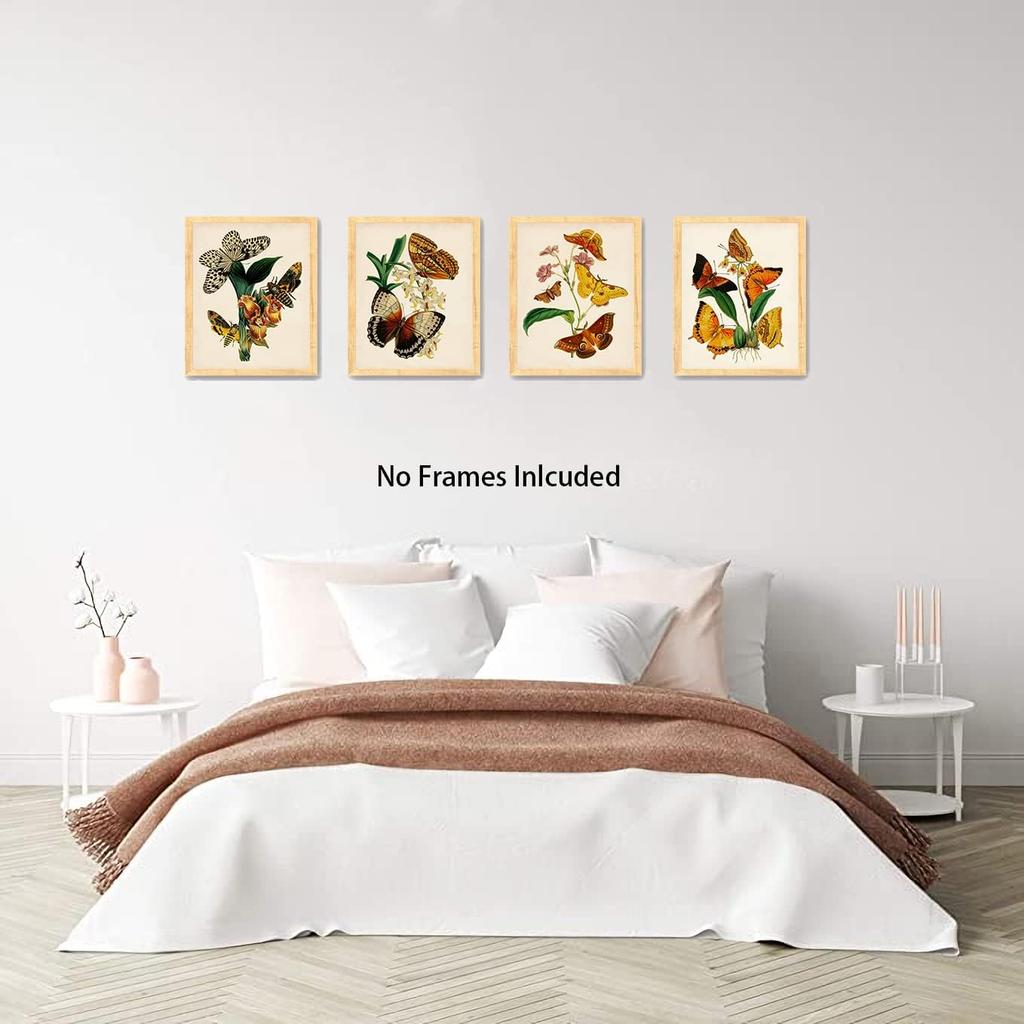 Retro Botanical Butterfly Wall Art, Vintage Canvas Prints, Floral Nature Aesthetic Posters for College Dorm Room Preppy Room Bedroom Decor, Set of