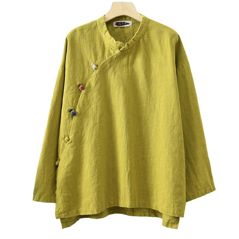 Women Vintage Cotton Linen Shirts and Stand Long Sleeve Spring Chinese Style Button Loose Blouses Shirts