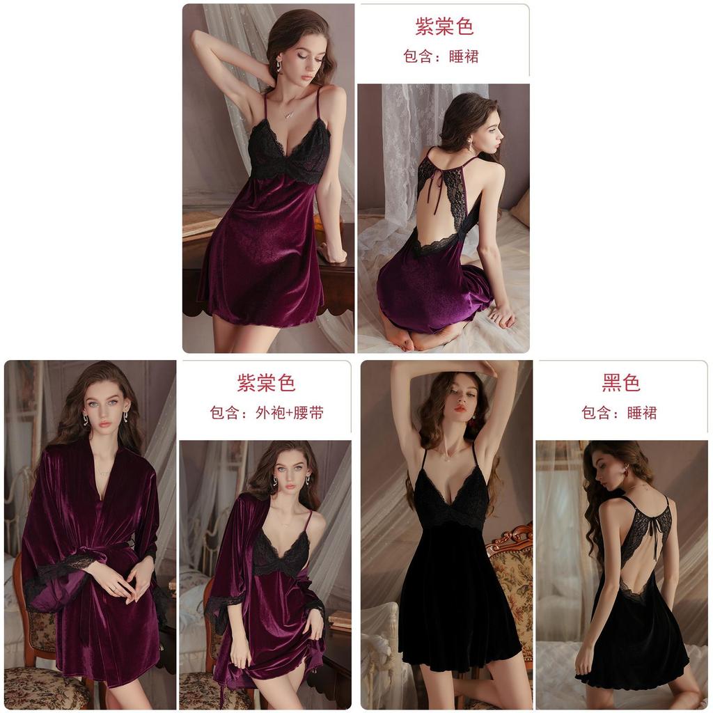 Velvet Sleepwear Set With Deep V Bust And Elastic Fit For Cozy Home Use