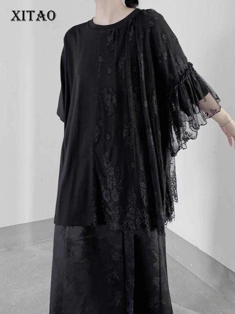 

XITAO Лоскутные кружевные футболки с короткими рукавами, свободные модные женские топы LYD1854