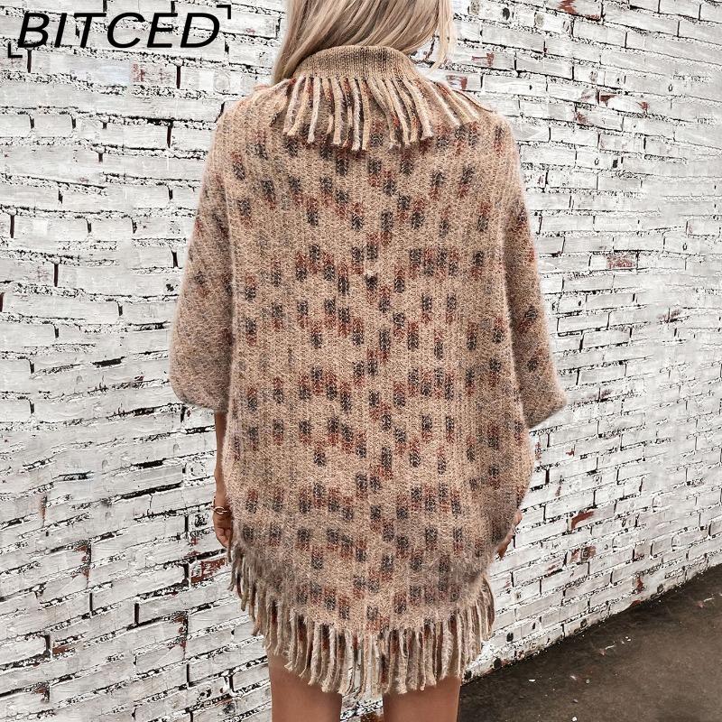 BITCED Colorful Plaid Knit Fringe Shawl Women's Fall/Winter Casual Oversized Sweater Cape