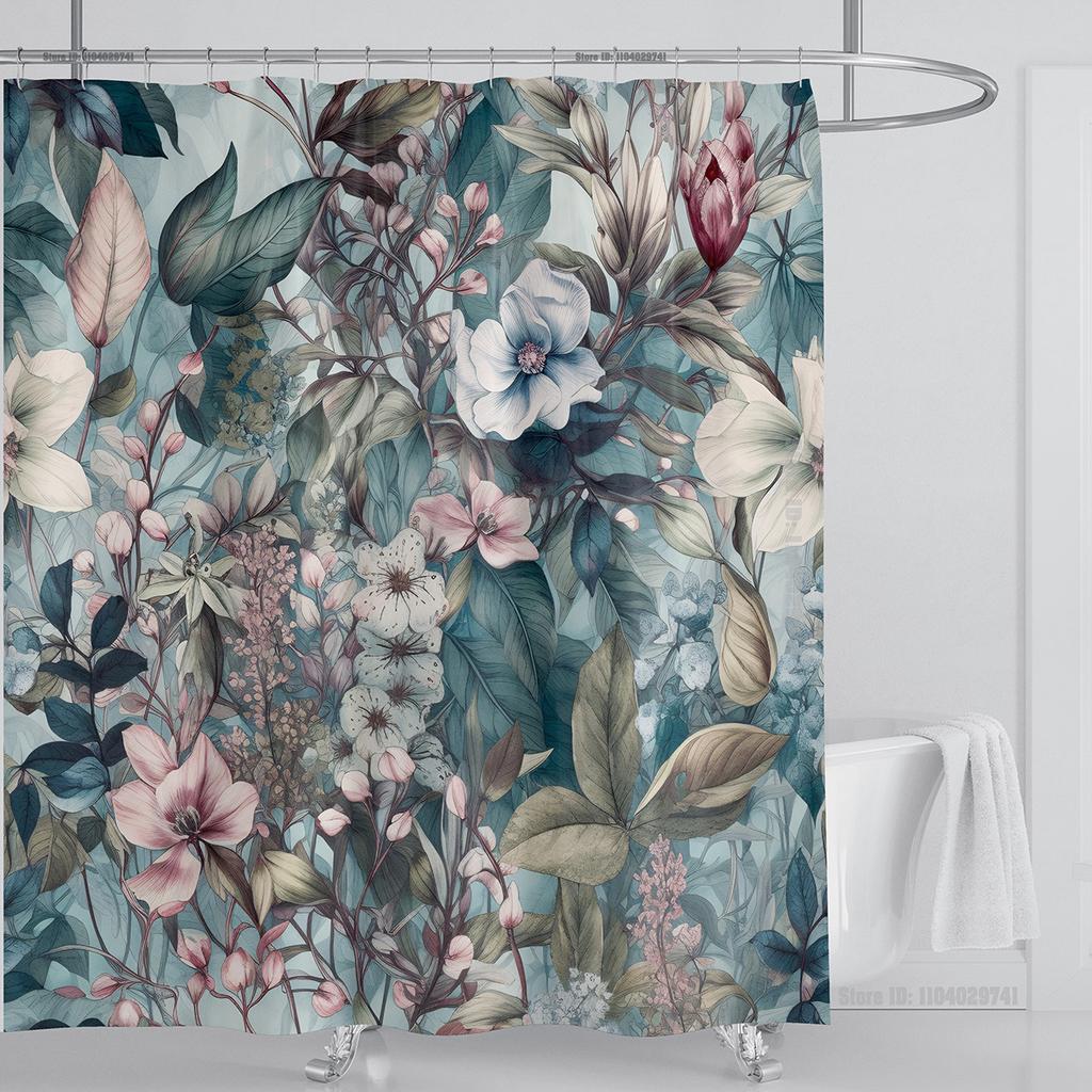 Aquatic Plants Floral Shower Curtain Waterproof Shower Curtain Polyester Fabric 3D Printed Curtain Bathroom Decoration With Hook