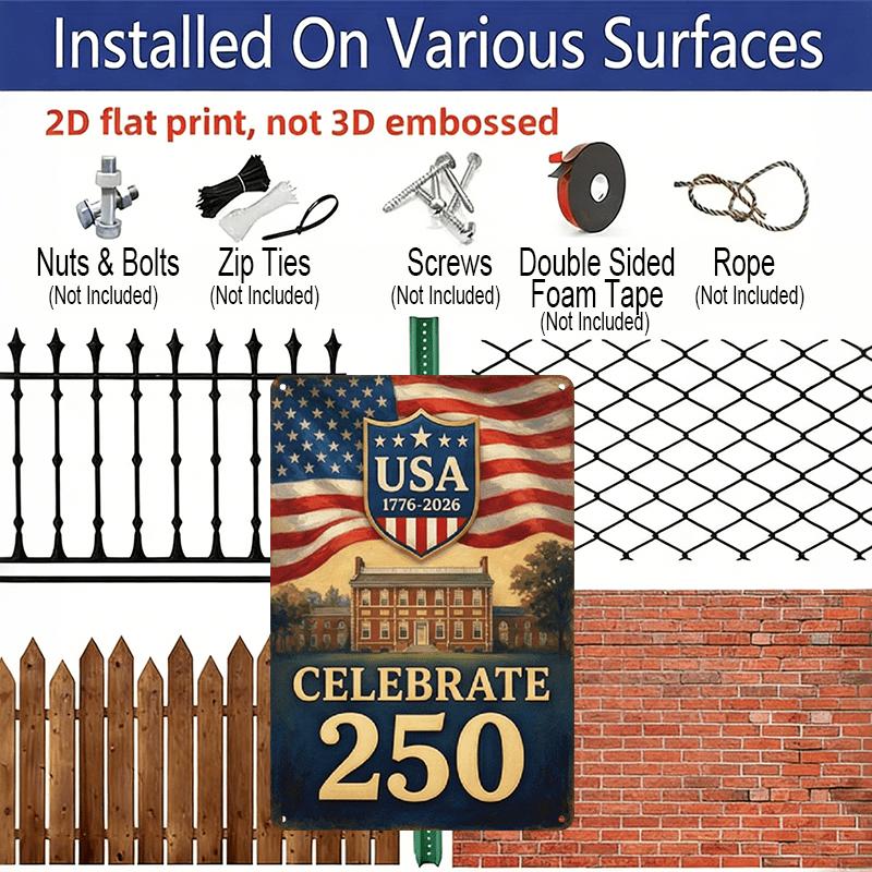 2D Flach, 2D Flache Dekoration Aluminiumschild 7,87*11,8 Zoll Plakette Amerika 250. Unabhängigkeitstag Vintage - Amerikanische US-Flagge, Historisches Gebäude, 250.