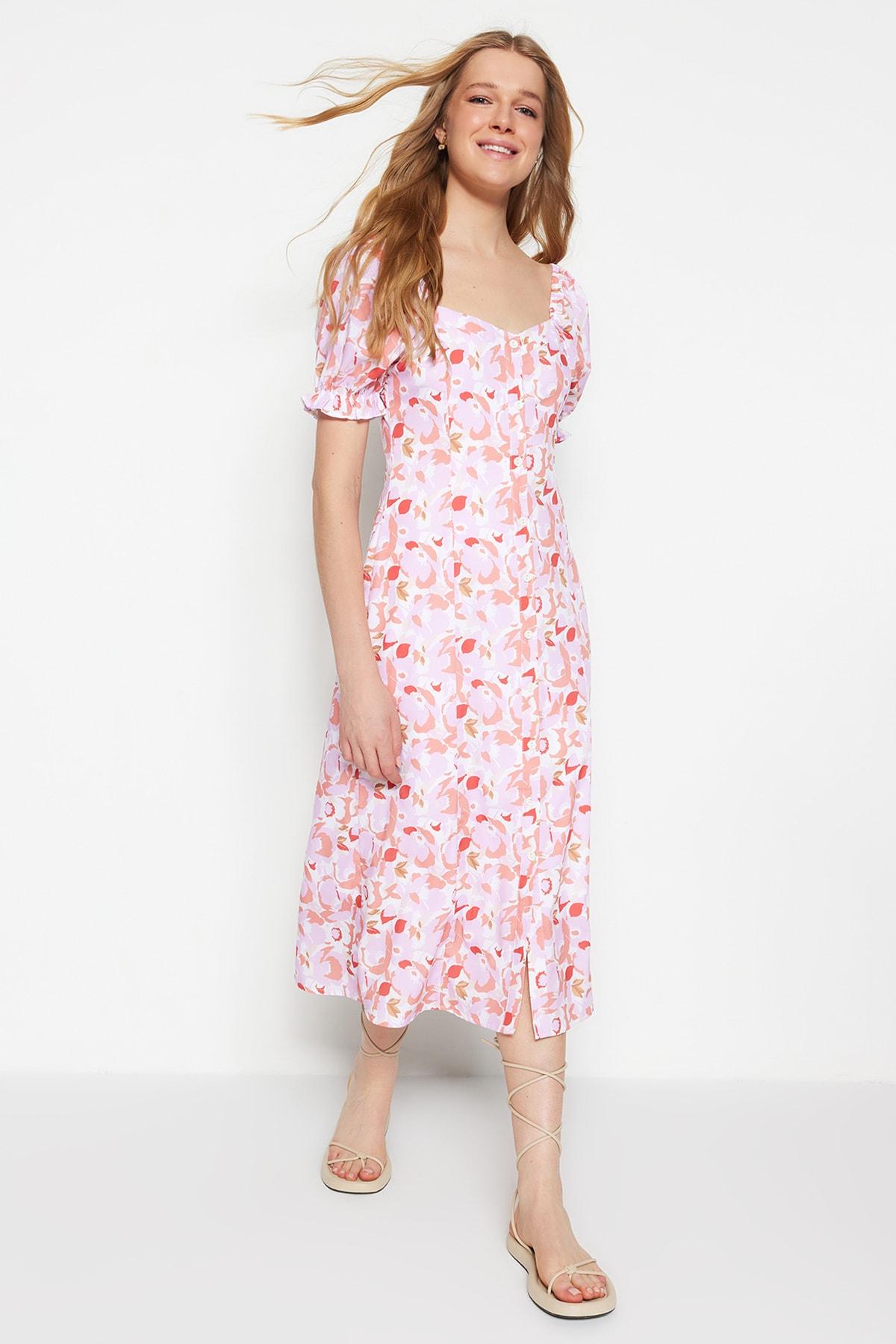 

Платье-рубашка из сиреневой ткани с объемными рукавами и миди с цветочным принтом TWOSS22EL1125