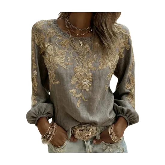 Women Tops Round Neck Long Sleeve 3D Digital Flower Printing Tee Shirt Retro