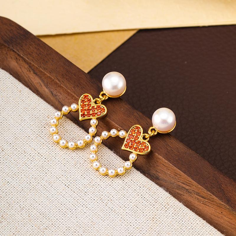 Boucles d'oreilles pendantes cœur coréen incrusté de diamants et de perles - Bijoux polyvalents et à la mode