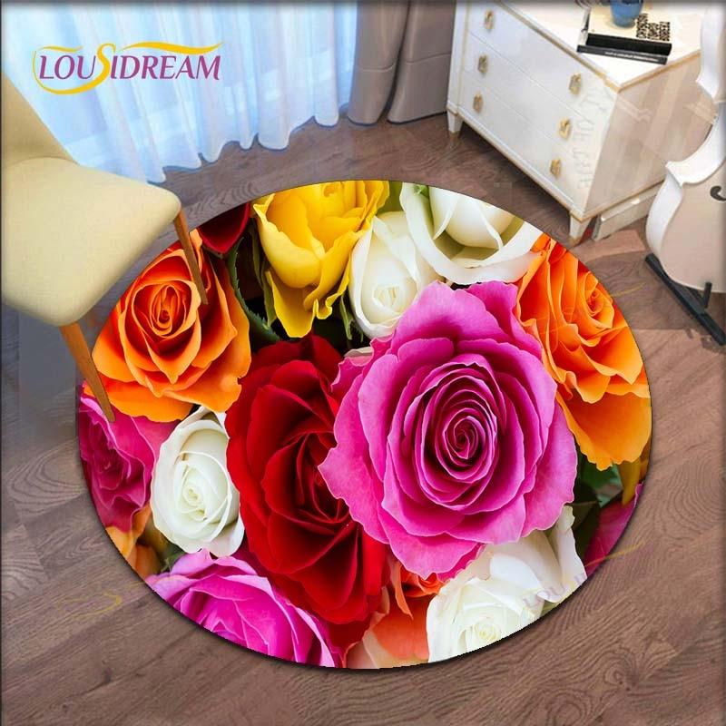 Rose Flower Waterproof and Non-slip Circle Cute Floor Rug Round Area Rugs Living Room Children Chair Tent Play Game Carpets
