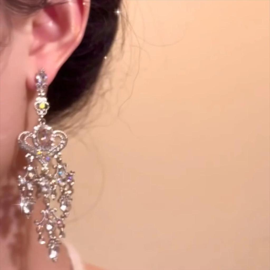 Korean Retro Baroque Pink Crystal Heart Tassel Dangle Earrings - Long Silver Needle Style